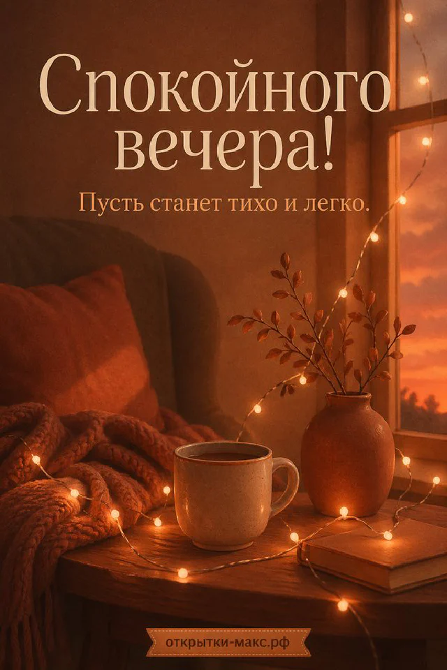 Карточка Спокойного вечера с акварельным листом на тёплом коричневом фоне с гирляндой и сухими ветками — вариант 2