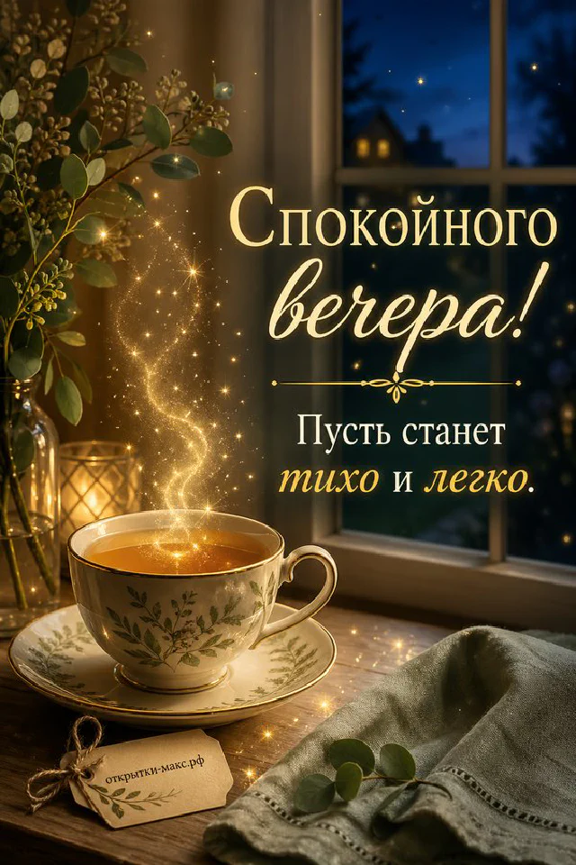 Карточка Спокойного вечера с акварельным листом на тёплом коричневом фоне с гирляндой и сухими ветками — вариант 3