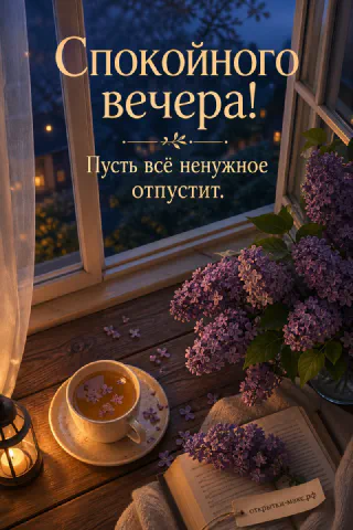 Букет сирени в вазе, чашка чая и открытая книга на деревянном подоконнике, за окном огни ночного города