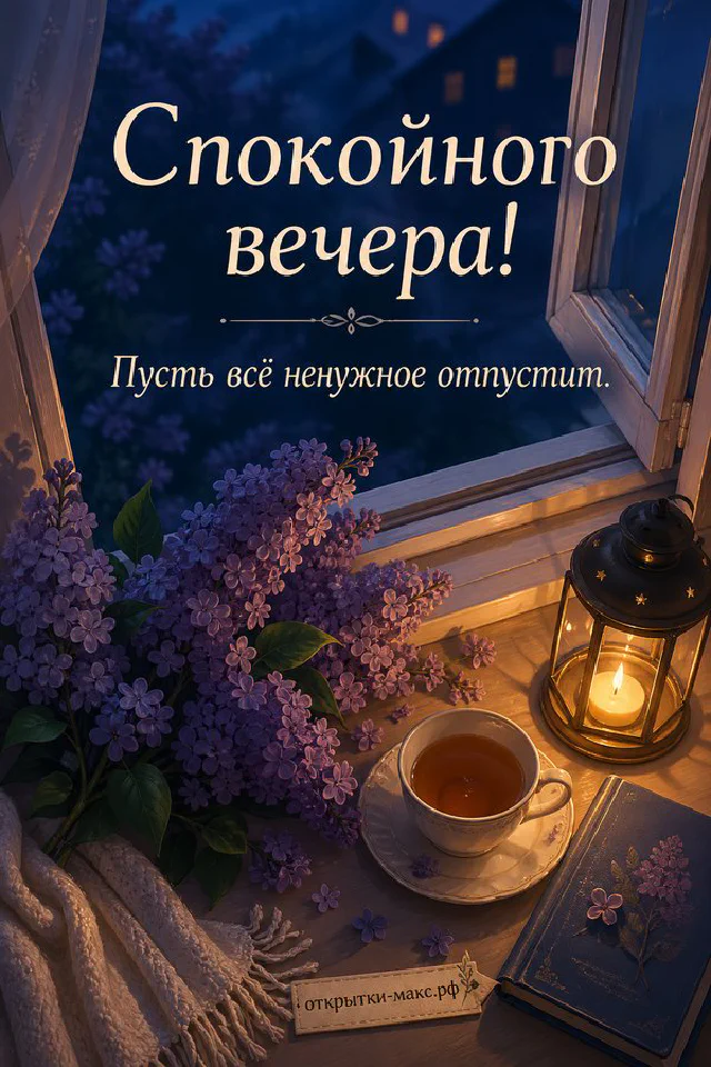 Букет сирени в вазе, чашка чая и открытая книга на деревянном подоконнике, за окном огни ночного города — вариант 2