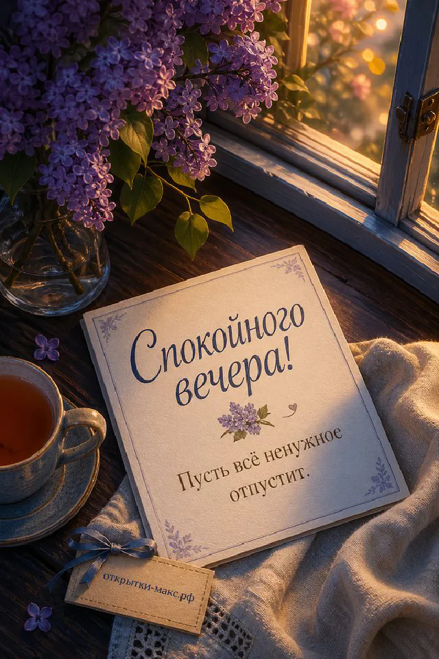 Букет сирени в вазе, чашка чая и открытая книга на деревянном подоконнике, за окном огни ночного города — вариант 3