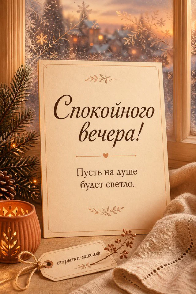 Круглая настольная лампа, кружка кофе, ноутбук и вазочка с ветками на фоне закатного неба в окне — вариант 3