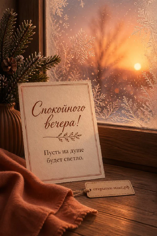Круглая настольная лампа, кружка кофе, ноутбук и вазочка с ветками на фоне закатного неба в окне — вариант 4
