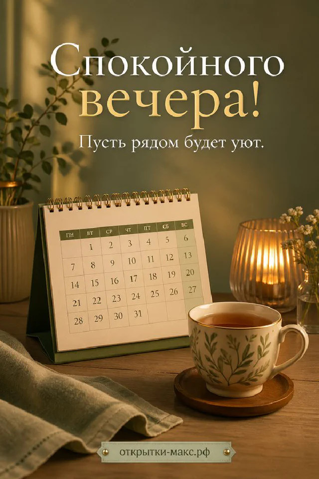 Тёплая вечерняя открытка: коричневый ежедневник, ретро-лампа и открытка с сердечком и листьями на фоне закатного окна — вариант 6