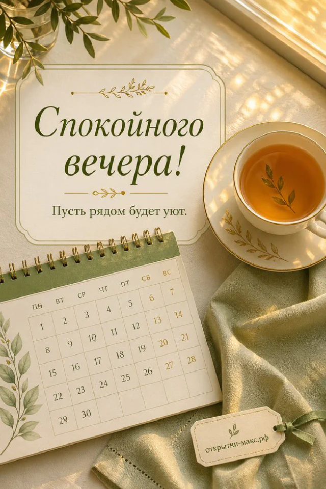 Тёплая вечерняя открытка: коричневый ежедневник, ретро-лампа и открытка с сердечком и листьями на фоне закатного окна — вариант 8