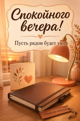Тёплая вечерняя открытка: коричневый ежедневник, ретро-лампа и открытка с сердечком и листьями на фоне закатного окна
