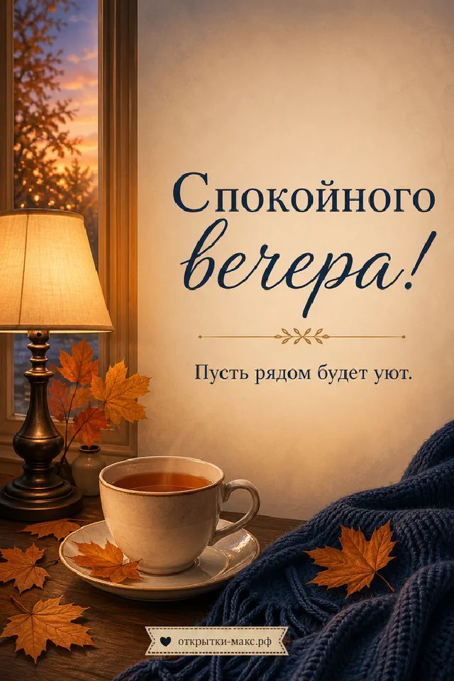 Тёплая вечерняя открытка: коричневый ежедневник, ретро-лампа и открытка с сердечком и листьями на фоне закатного окна — вариант 3