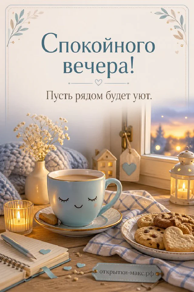 Тёплая вечерняя открытка: коричневый ежедневник, ретро-лампа и открытка с сердечком и листьями на фоне закатного окна — вариант 4