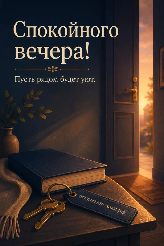 Тёплая вечерняя открытка: коричневый ежедневник, ретро-лампа и открытка с сердечком и листьями на фоне закатного окна — вариант 7