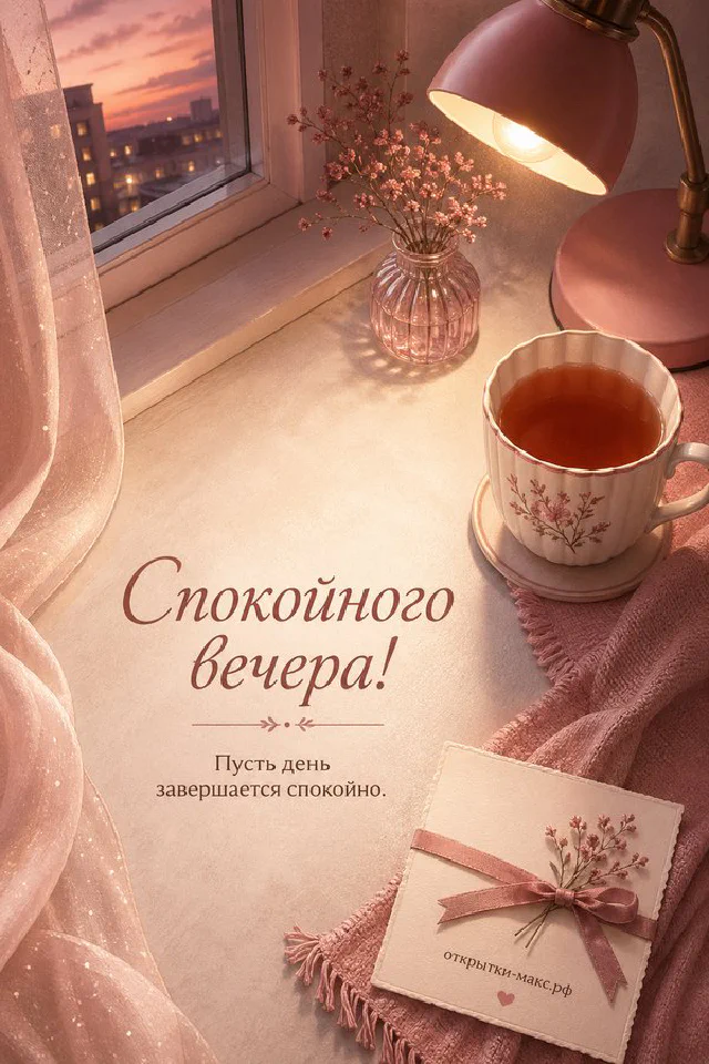 Открытка спокойного вечера: горящая белая свеча на тарелке, книга с лавандовыми цветами на сиреневом фоне — вариант 6