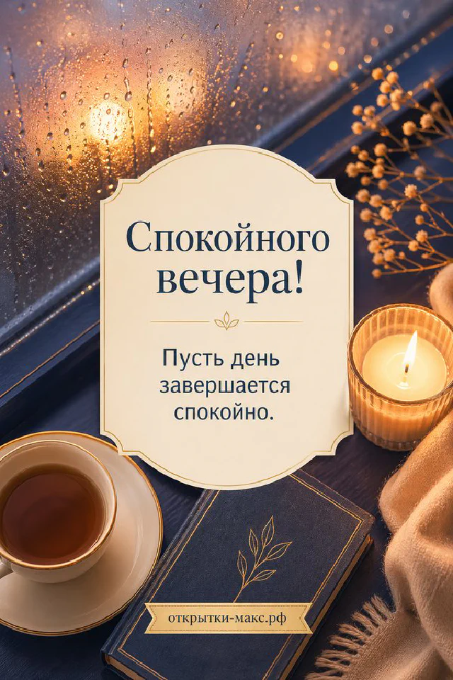 Открытка спокойного вечера: горящая белая свеча на тарелке, книга с лавандовыми цветами на сиреневом фоне — вариант 8