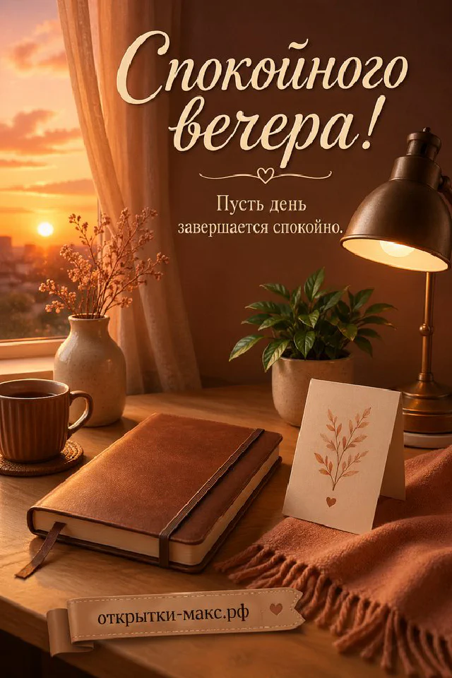 Открытка спокойного вечера: горящая белая свеча на тарелке, книга с лавандовыми цветами на сиреневом фоне — вариант 2