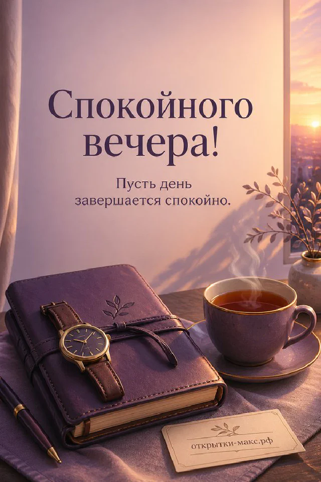 Открытка спокойного вечера: горящая белая свеча на тарелке, книга с лавандовыми цветами на сиреневом фоне — вариант 3
