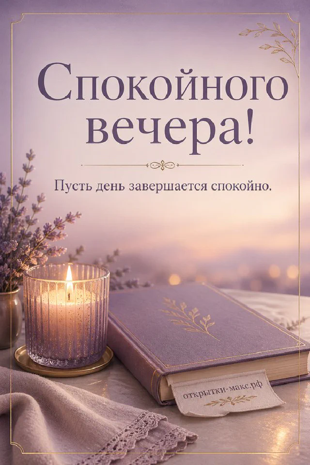 Открытка спокойного вечера: горящая белая свеча на тарелке, книга с лавандовыми цветами на сиреневом фоне — вариант 4