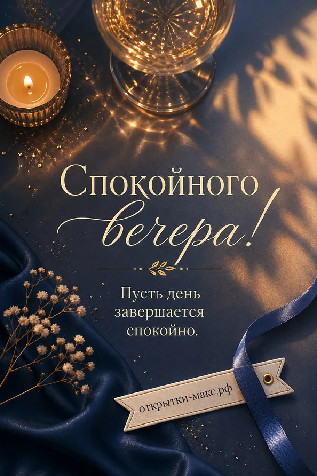 Открытка спокойного вечера: горящая белая свеча на тарелке, книга с лавандовыми цветами на сиреневом фоне — вариант 5