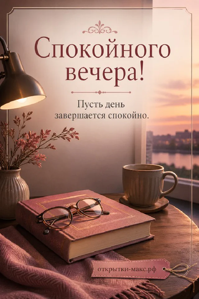 Открытка спокойного вечера: горящая белая свеча на тарелке, книга с лавандовыми цветами на сиреневом фоне — вариант 7