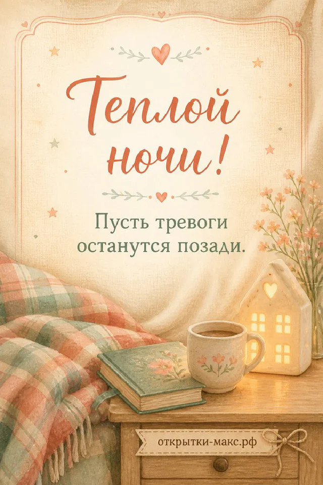 Кружка кофе с улыбкой в вязаной розовой грелке среди сухоцветов с надписью Тёплой ночи — вариант 2