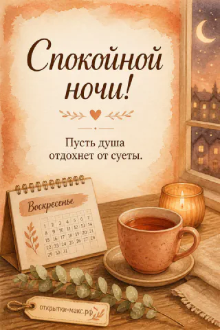 Акварельная открытка с чашкой чая, настольным календарём и свечой у ночного окна с луной