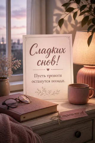 Открытка сладких снов: книга, очки и розовая кружка на тумбочке рядом с лампой у ночного окна