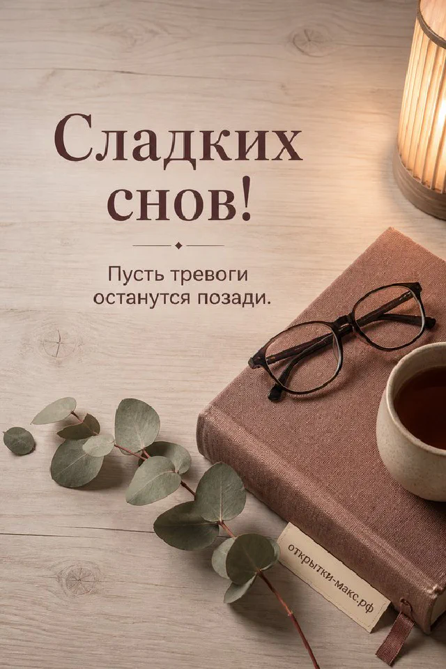 Открытка сладких снов: книга, очки и розовая кружка на тумбочке рядом с лампой у ночного окна — вариант 2