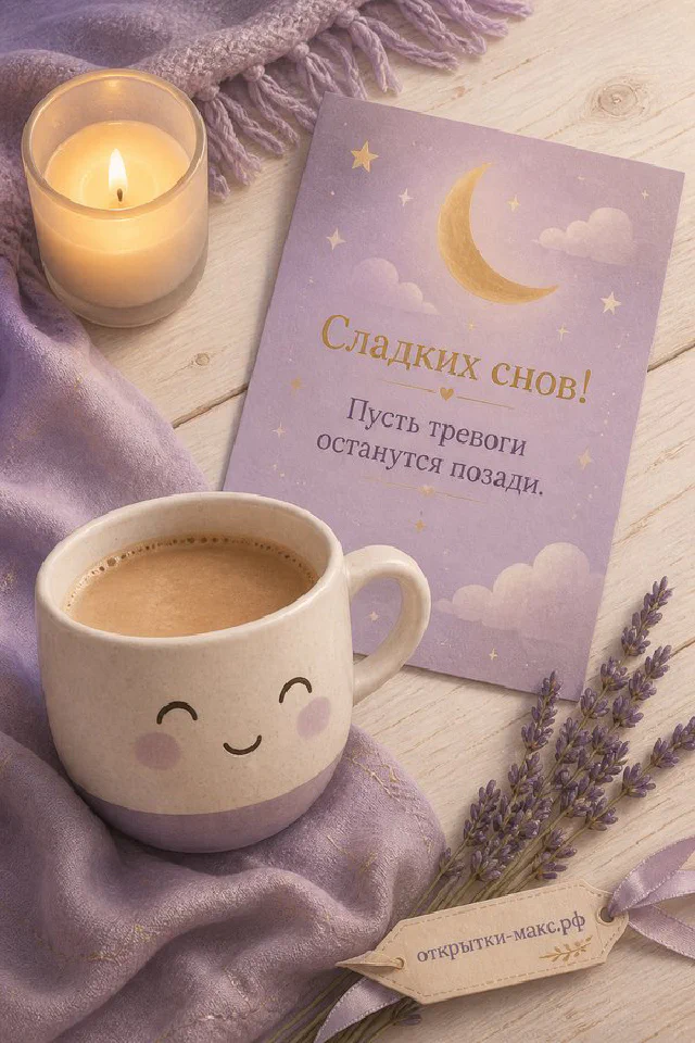 Открытка сладких снов: книга, очки и розовая кружка на тумбочке рядом с лампой у ночного окна — вариант 3