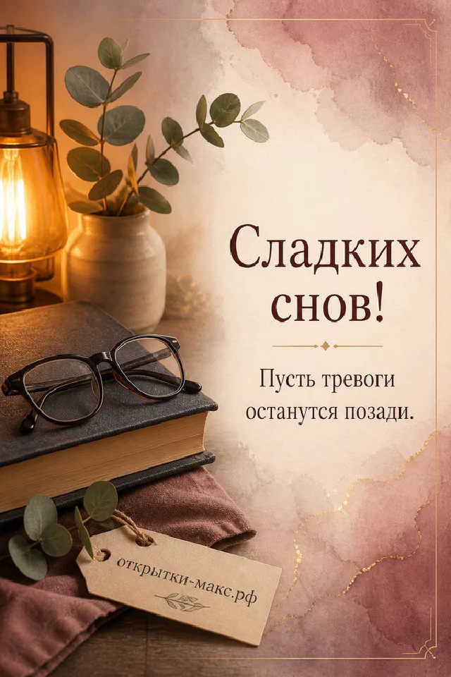 Открытка сладких снов: книга, очки и розовая кружка на тумбочке рядом с лампой у ночного окна — вариант 5