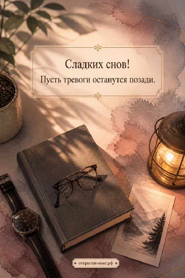 Открытка сладких снов: книга, очки и розовая кружка на тумбочке рядом с лампой у ночного окна — вариант 6