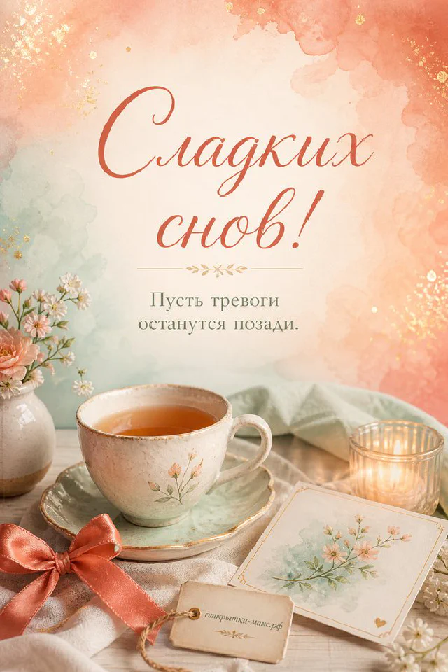 Открытка сладких снов: книга, очки и розовая кружка на тумбочке рядом с лампой у ночного окна — вариант 7