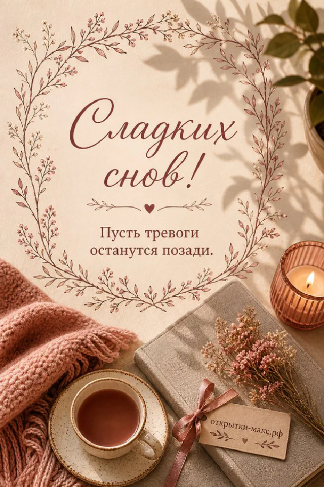 Открытка сладких снов: книга, очки и розовая кружка на тумбочке рядом с лампой у ночного окна — вариант 8