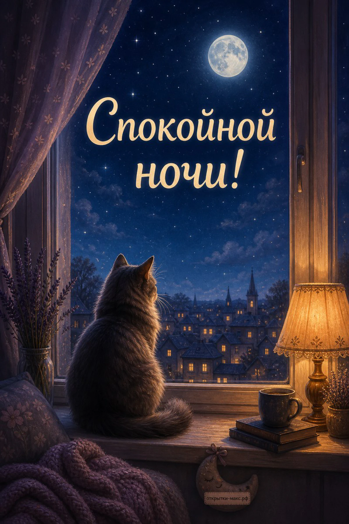 Пушистый кот сидит у окна и смотрит на луну и звёздный ночной город