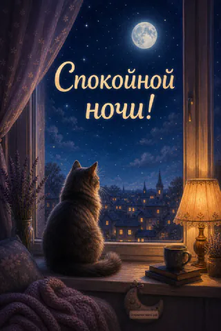 Пушистый кот сидит у окна и смотрит на луну и звёздный ночной город