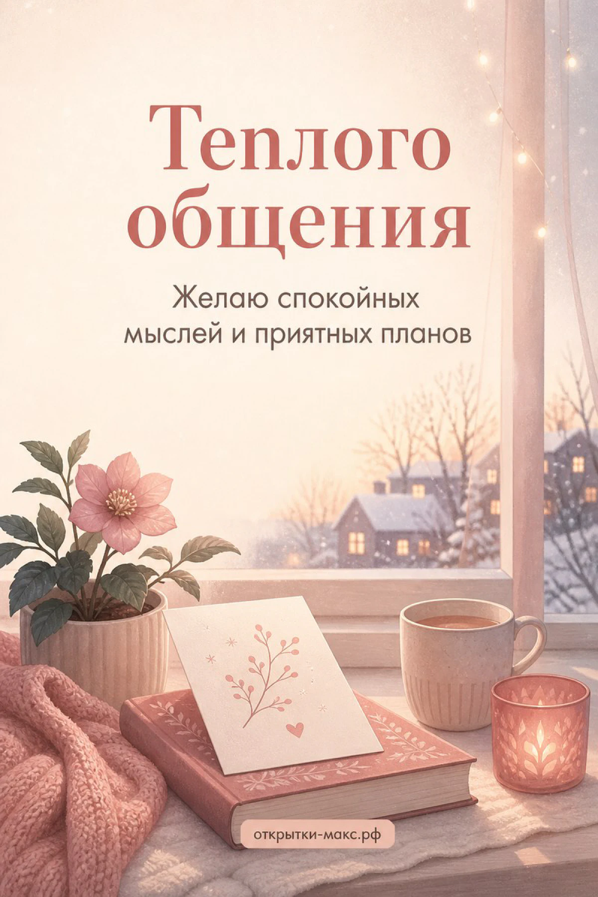 Подоконник с книгой, чашкой чая и свечой на фоне заснеженного вида из окна с цветком