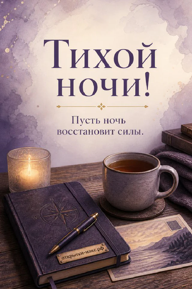 Чашка кофе на подоконнике у заснеженного окна со свечой и белым цветком, надпись «Тихой ночи» — вариант 2