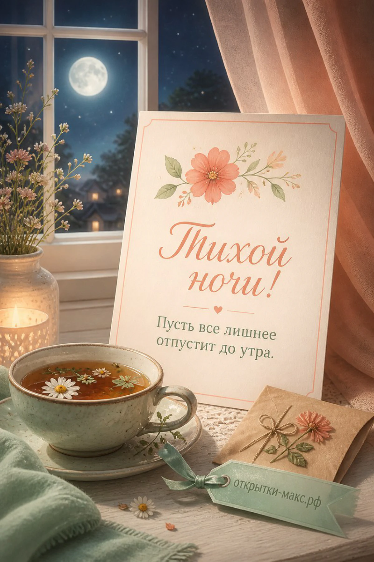 Чашка ромашкового чая на подоконнике, полная луна за окном и карточка с надписью Тихой ночи