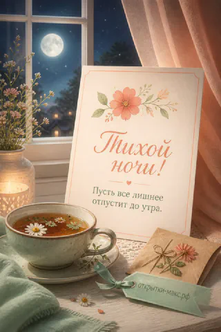Чашка ромашкового чая на подоконнике, полная луна за окном и карточка с надписью Тихой ночи