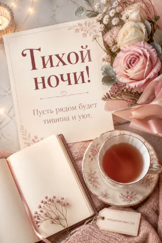 Чашка чая и открытая книга рядом с букетом розовых роз и гирляндой огоньков, надпись «Тихой ночи»