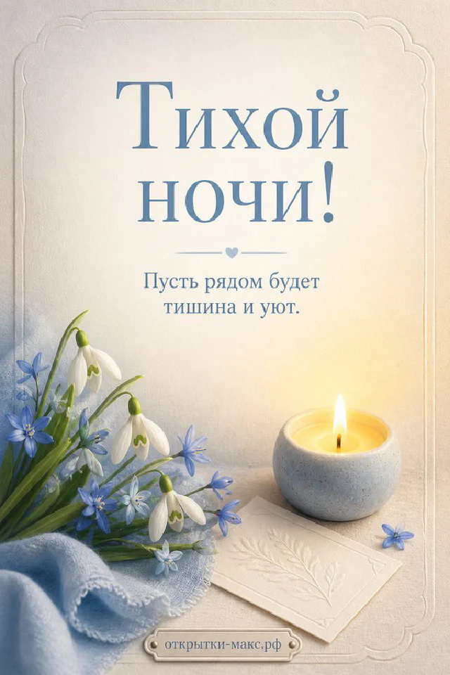 Чашка чая и открытая книга рядом с букетом розовых роз и гирляндой огоньков, надпись «Тихой ночи» — вариант 2