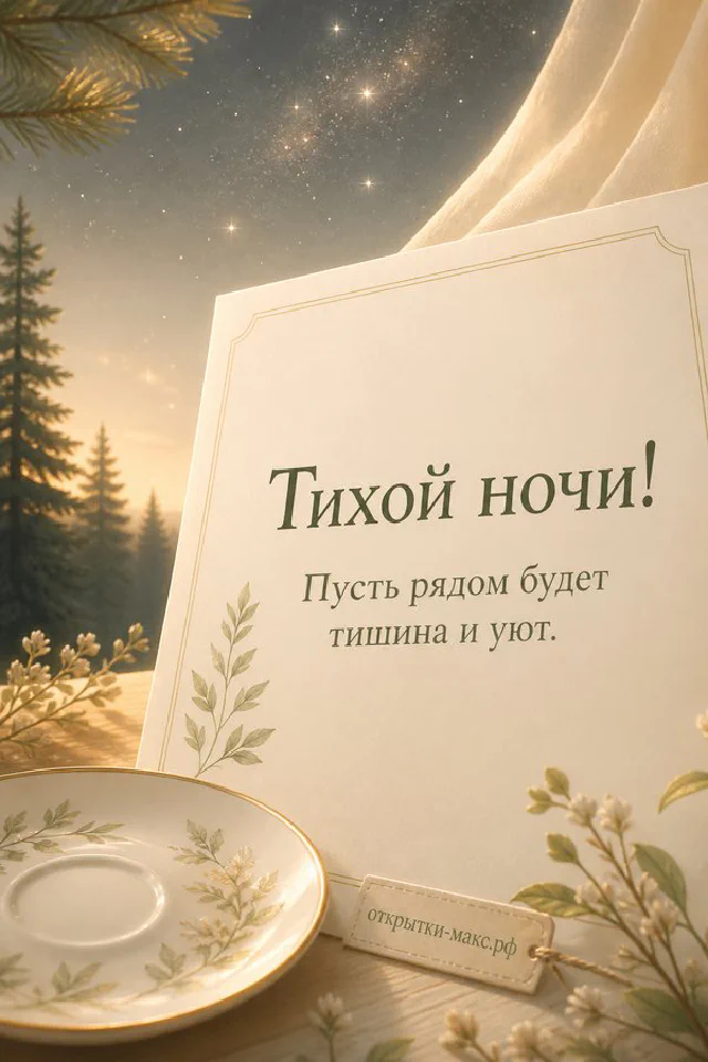 Чашка чая и открытая книга рядом с букетом розовых роз и гирляндой огоньков, надпись «Тихой ночи» — вариант 3