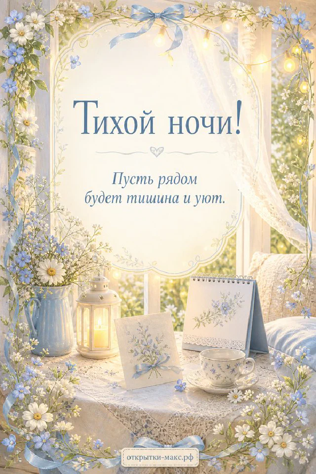 Чашка чая и открытая книга рядом с букетом розовых роз и гирляндой огоньков, надпись «Тихой ночи» — вариант 4