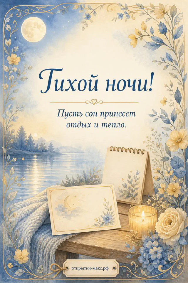 Голубые конверты с сердечком, горящая свеча и ночное небо за окном, надпись «Тихой ночи» — вариант 4