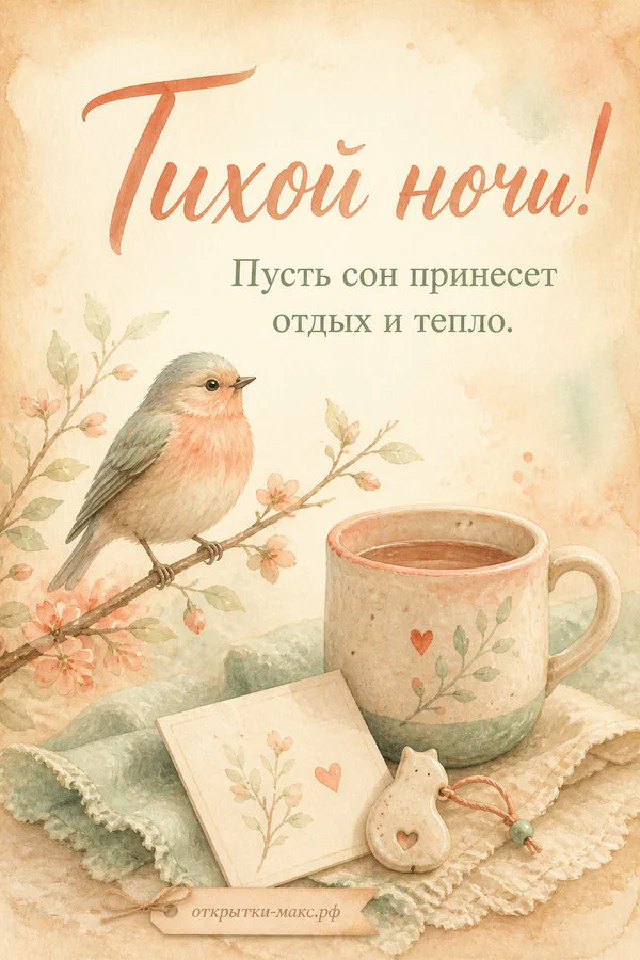 Голубые конверты с сердечком, горящая свеча и ночное небо за окном, надпись «Тихой ночи» — вариант 2