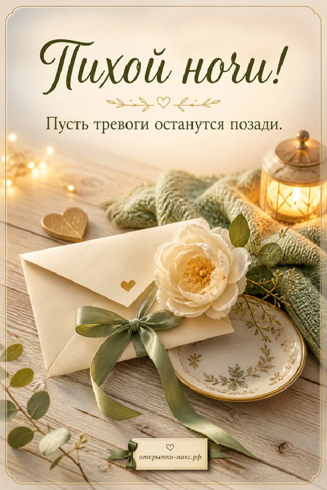 Рыжий котёнок сидит у горящего фонарика у ночного окна рядом с открыткой, надпись «Тихой ночи» — вариант 3