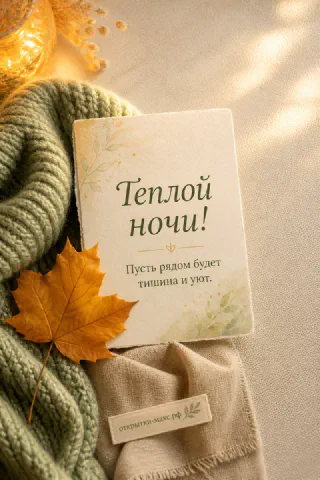 Открытка с текстом на фоне зелёного вязаного пледа с жёлтым кленовым листом и осенним декором