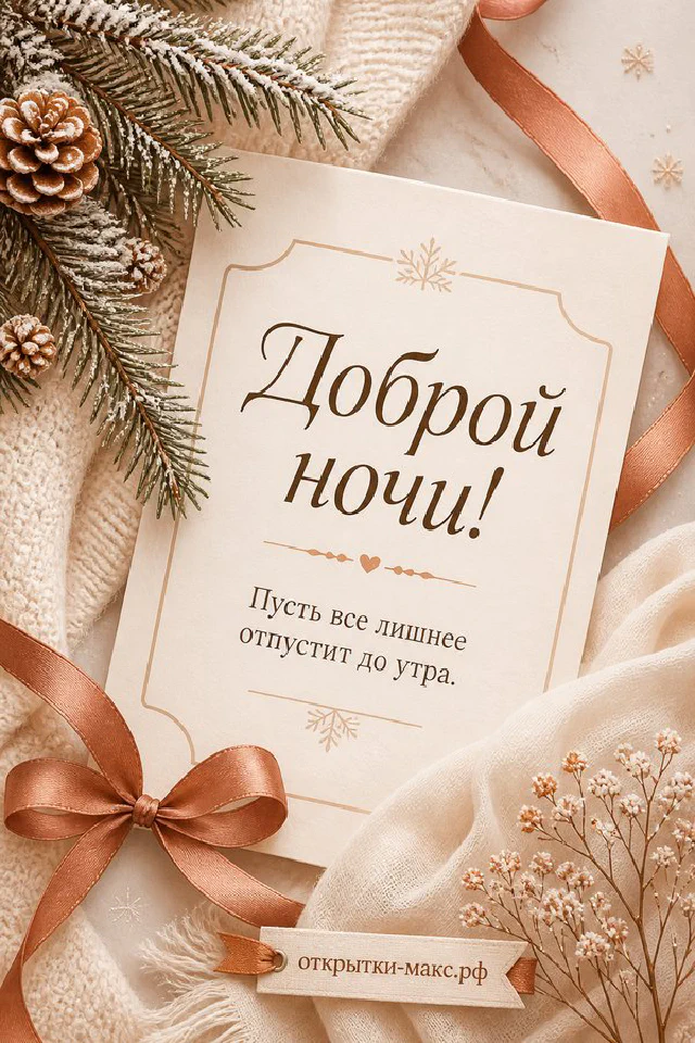 Акварельный букет персиковых тюльпанов на нежном ткани с открыткой «Доброй ночи!» и пожеланием — вариант 3