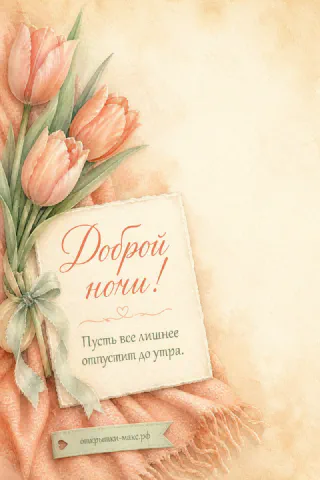 Акварельный букет персиковых тюльпанов на нежном ткани с открыткой «Доброй ночи!» и пожеланием