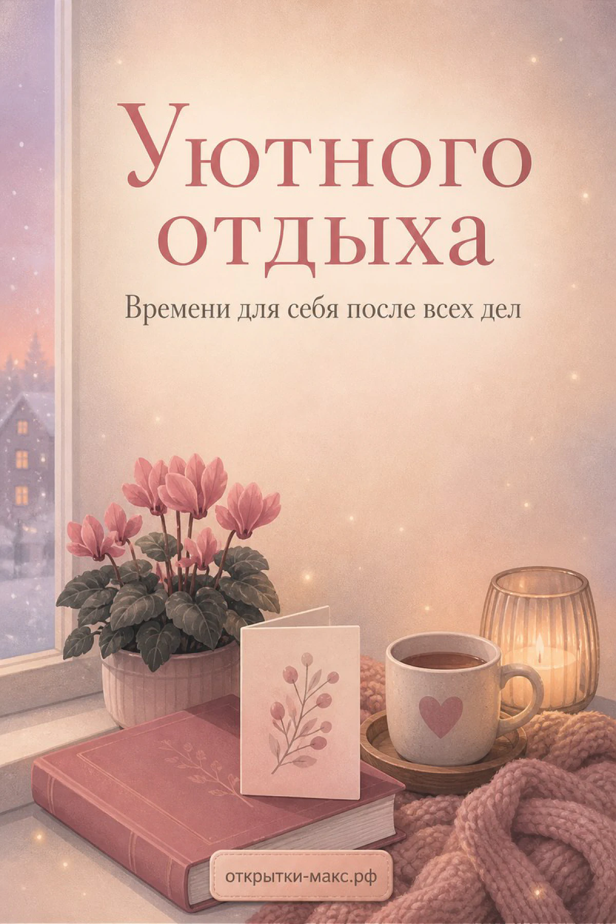 Цикламен на подоконнике, книга, чашка чая со свечой и зимний вид из окна с надписью Уютного отдыха