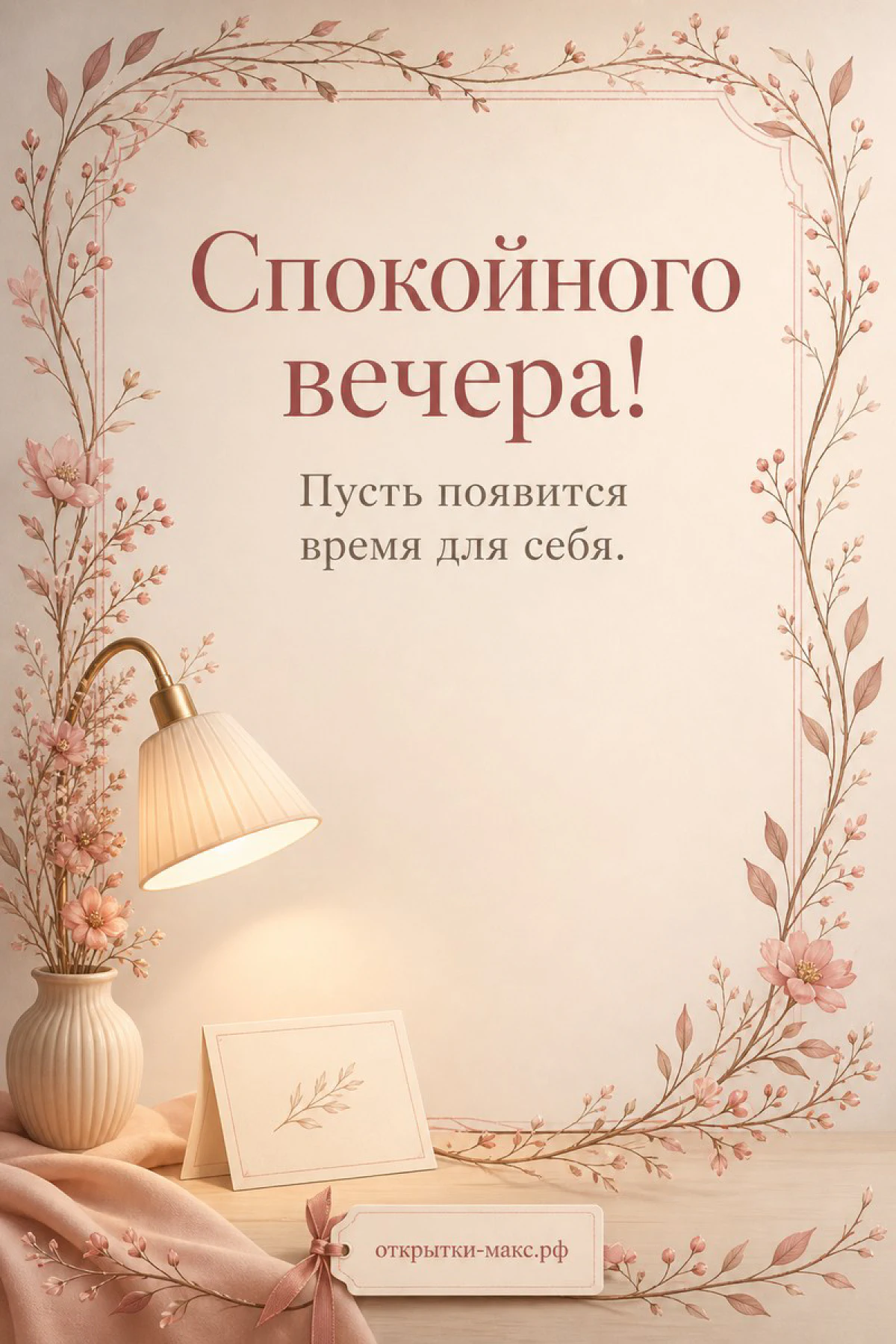 Ветка сирени у открытого окна и светлая открытка