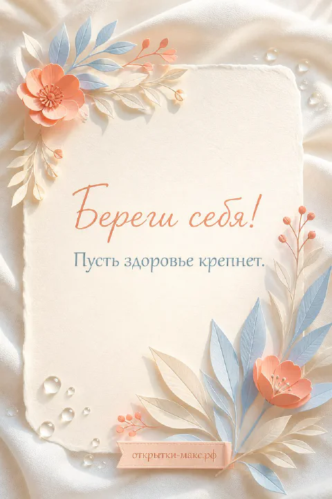 Бумажные розово-голубые цветы на светлом атласном фоне с надписью Береги себя