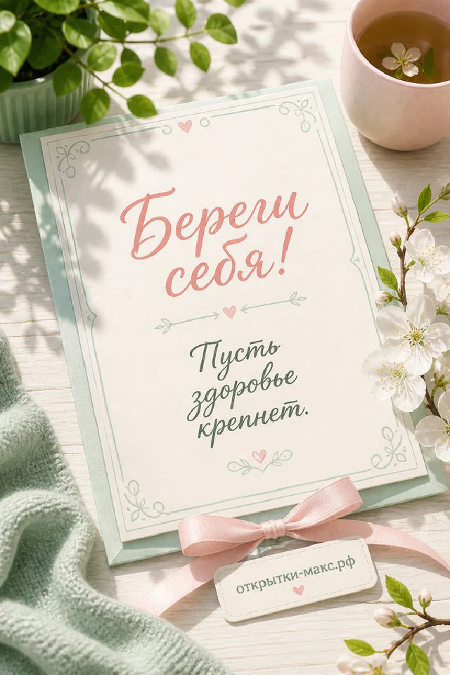 Бумажные розово-голубые цветы на светлом атласном фоне с надписью Береги себя — вариант 2