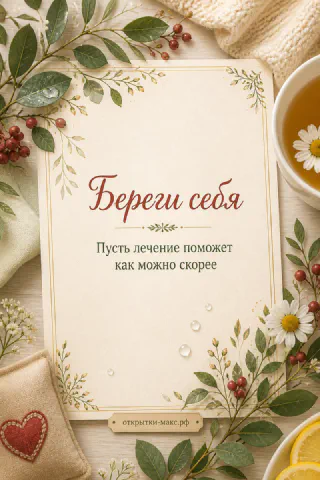Чашка ромашкового чая, зелёные листья и красное сердечко на кремовом фоне с надписью Береги себя